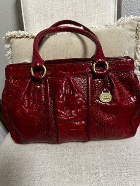 Brahmin Red Croc-Embossed Satchel with Gold Hardware